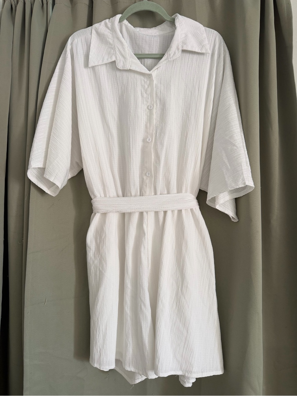 Women's White Textured Button-Front Shirt Romper with Belt